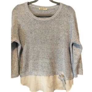 KASH Women's Med Blue Speckled Knit Top with Layered Chiffon Hem Made in Italy